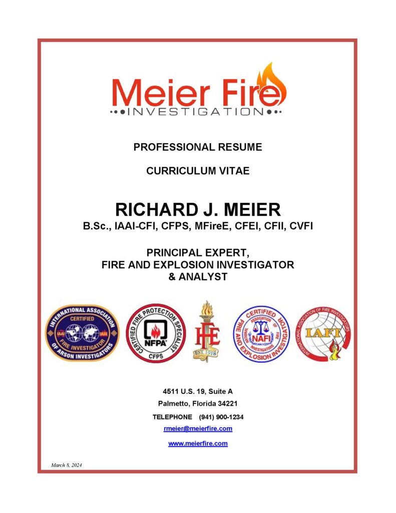 Cover of Fire and Explosion Investgation Expert Richard Meier's CV